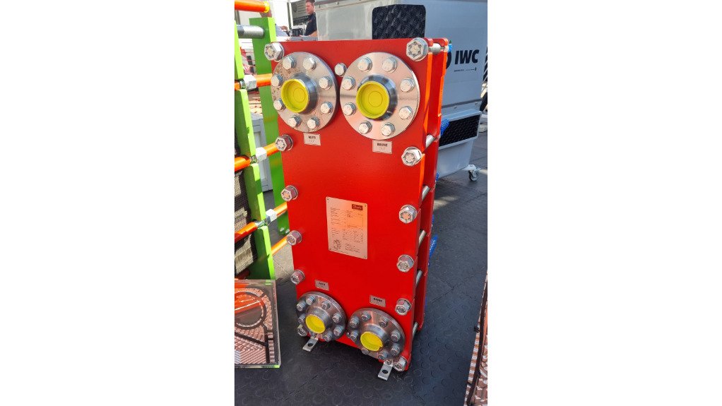 a red  Danfoss-made heat exchanger which was on display at the IWC stand at this years Electra Mining