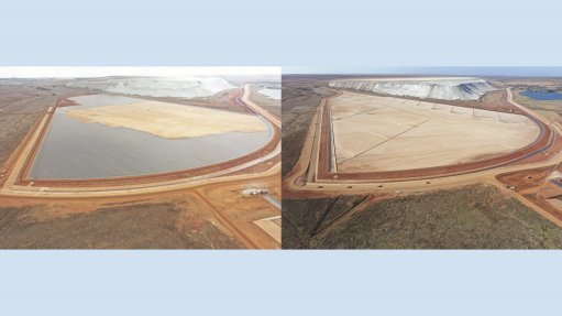 HDPE geomembrane of 1,5mm thickness was used on the base of the dams, as well as on the inner side slopes, on top of which a geotextile layer was placed for protection (image on left). Then a 50mm thick concrete blinding layer was constructed, before a 150mm thick ballast layer comprising a 30MPa concrete slab, was placed over the entire dam basin footprint (image on right