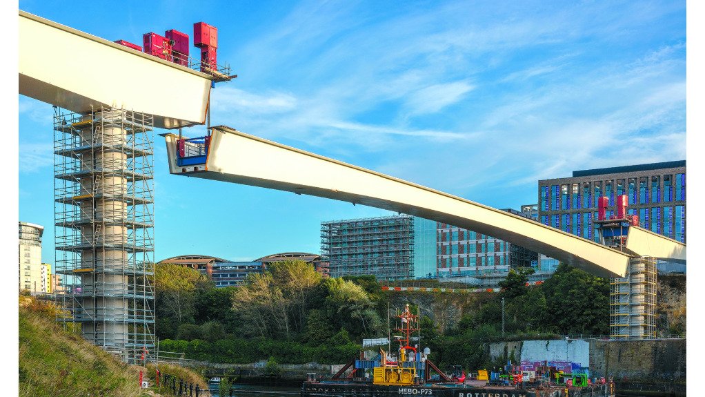 A steel footbridge being built in Sunderland 