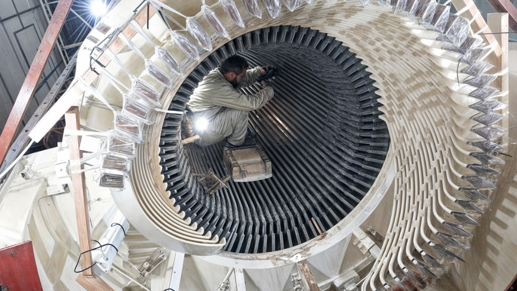 An image of an M&C winder and engineer inspecting winding