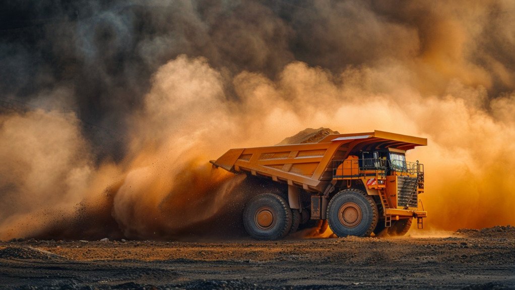 A photo of a heavy load haul truck kicking up an orange plume of dust at a mine