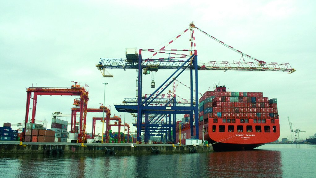 A general image of a shipping vessel and a harbour port