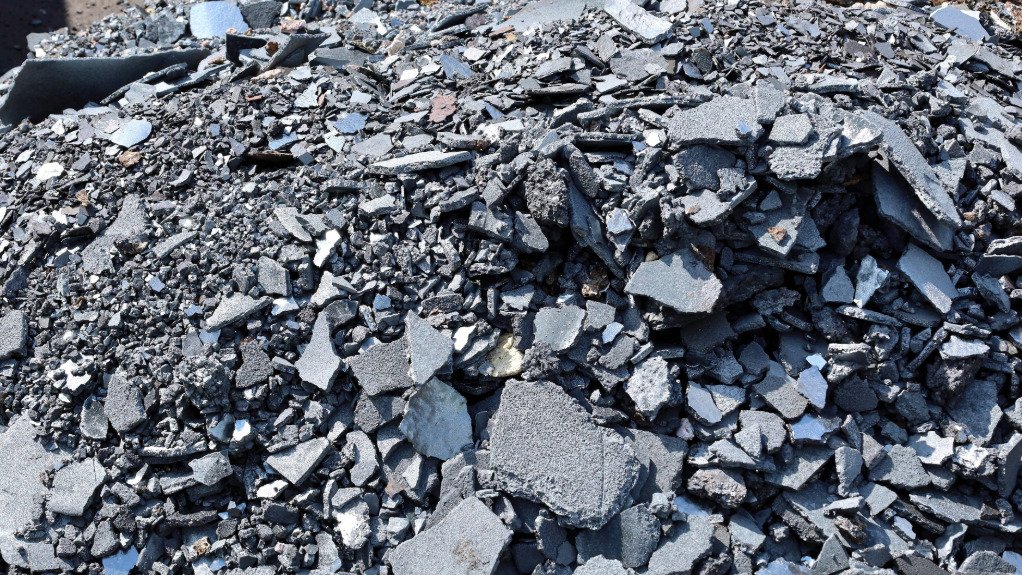 A pile of silicomanganese slag at a steel operation, which can now be used as a bitumen for the laying of roads