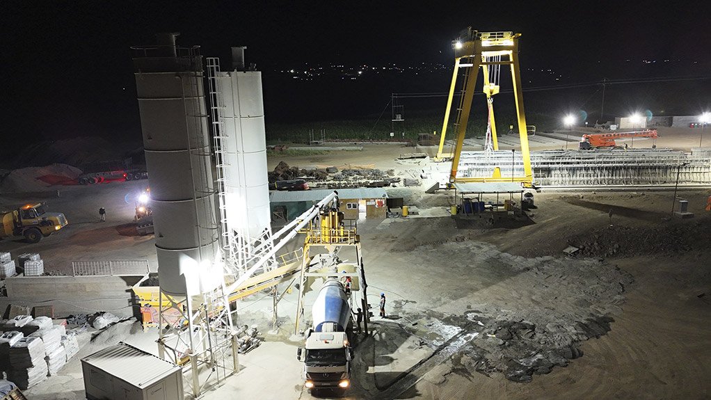 The readymix concrete batch plant during casting of the abutment 1 pile cap for the Khubela Bridge