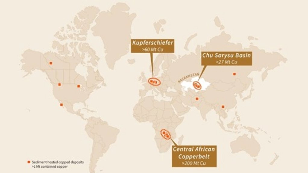 A map indicating the world's largest sediment-hosted copper districts