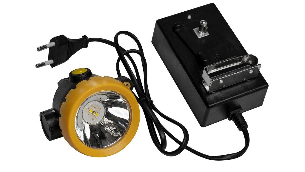 An Extreme Lighting corded LED mining cap lamp with battery pack