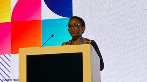 Deputy Minister for Public Service and Administration, in the Presidency, Pinky Sharon Kekane, addressing the 2025 Women in the Green Economy breakfast