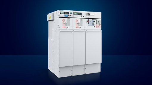 A photo of a Siemens Blue gas-insulated switchgear system with a blue backdrop