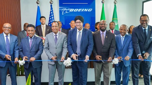 At the ribbon-cutting of Boeing's new office were (from left) Boeing Africa sales and marketing VP Anbessie Yitbarek; Ethiopian Civil Aviation Authority director-general Getachew Mengiste; Ethiopia Transport and Logistics Minister Dr Alemu Seme; Boeing Middle East, Türkiye, Africa and Central Asia president Kuljit Ghata-Aura; US Ambassador to Ethiopia Ervin Massinga; Ethiopian Airlines Group CEO Mesfin Tassew; and Boeing Africa MD Henok Teferra Shawl
