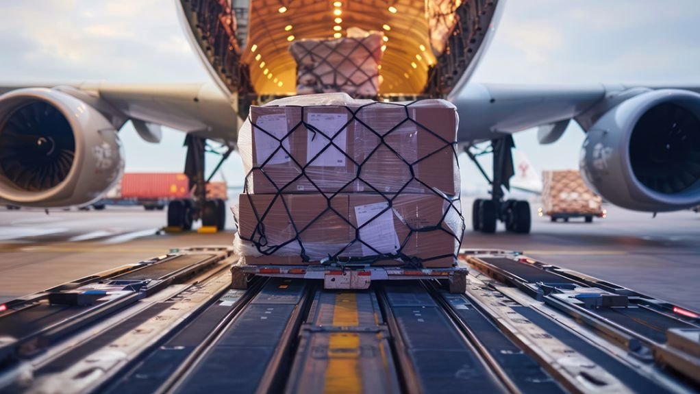 Package being loaded into aircrafft.