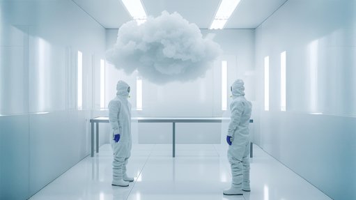 Image of two people in hazmat suits looking at a cloud