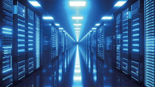 Image of the inside of a data centre, with blue lighting