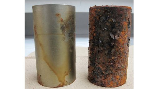 The above image depicts two pipes, one that has been coated with VpCI and one without