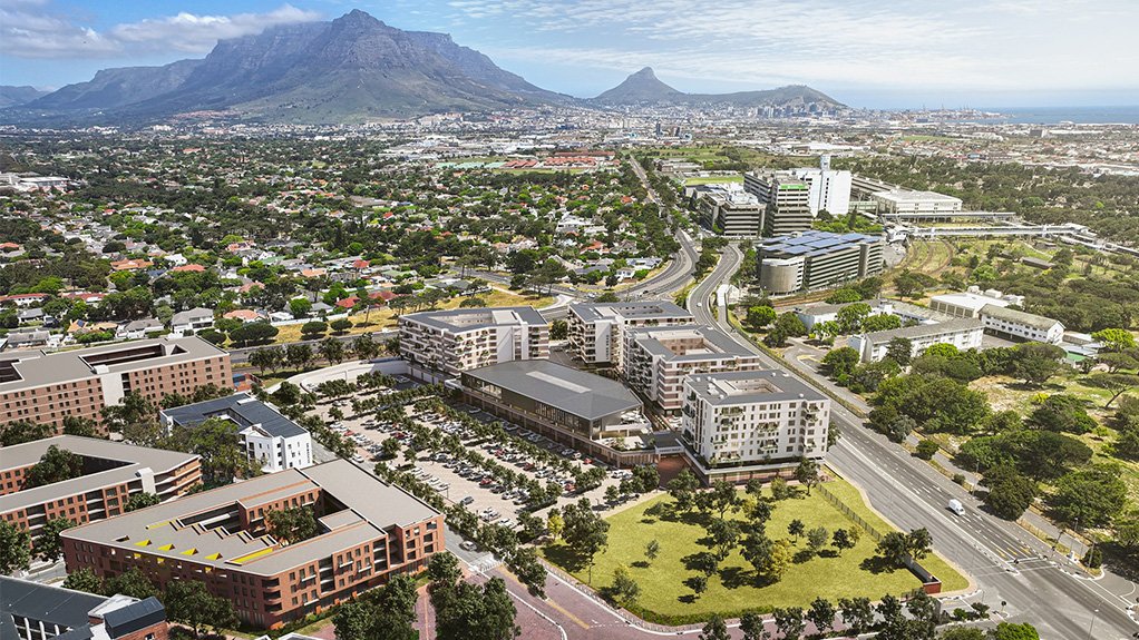 An artist’s impression of The Pines retail centre at Conradie Park, showcasing the integration of retail space at ground level with residential apartments constructed above