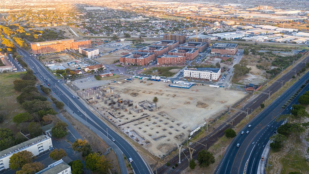 An aerial view taken in February 2025 shows construction progressing on The Pines retail centre, a key mixed-use component within the Conradie Park development