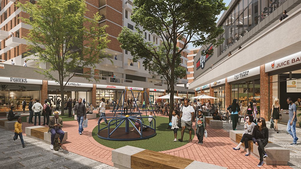 A digital render of the internal courtyard of The Pines retail centre illustrates the envisioned communal spaces that will enhance the resident and shopper experience