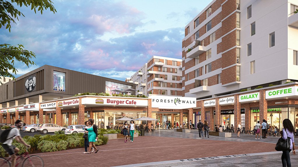 A visual render of The Pines retail centre and the residential apartments above reflects the modern urban design approach adopted at Conradie Park