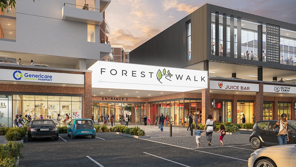 This render depicts The Pines retail centre with its overlying residential apartment buildings, forming an integral part of the Conradie Park mixed-use community