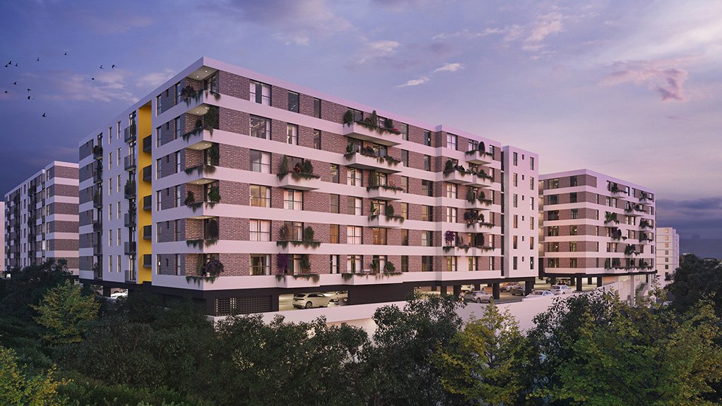 A detailed render of the residential buildings that will rise above The Pines retail centre, exemplifying the development’s vision for integrated living at Conradie Park