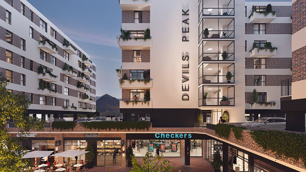 A digital render of the Devil’s Peak apartments positioned above The Pines retail centre highlights their role in shaping the vibrant Conradie Park precinct