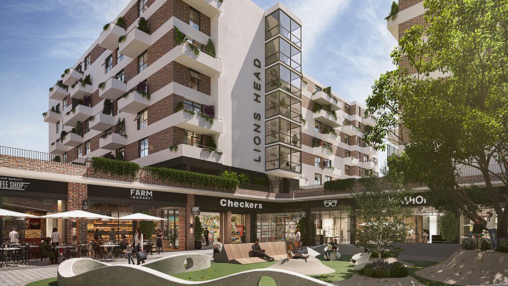 This render shows the Lion’s Head apartments situated directly above the Checkers store in The Pines retail centre, offering convenient urban living within Conradie Park