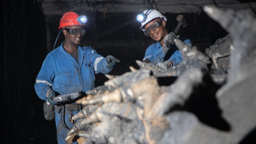 Two men underground in front of a mining machine one being the teacher and the other the student, both in PPE