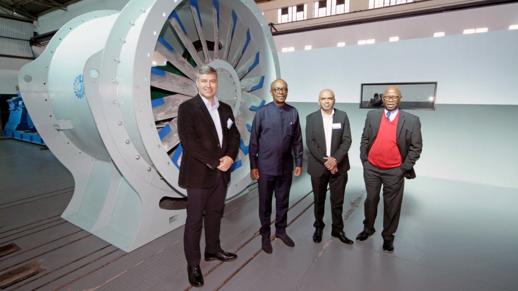 LH Marthinusen divisional CEO David Sullivan; Trade, Industry and Competition Minister Parks Tau; ACTOM CEO Mervyn Naidoo; and ACTOM chairperson Andries Mthethwa with one of the industrial fans manufactured at the new facility.