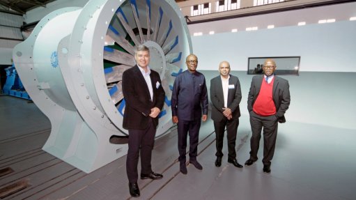 LH Marthinusen divisional CEO David Sullivan; Trade, Industry and Competition Minister Parks Tau; ACTOM CEO Mervyn Naidooi; and ACTOM chairperson Andries Mthethwa with one of the industrial fans manufactured at the new facility.