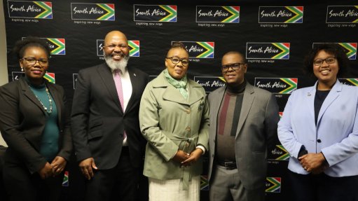 Delegates at the South Africa-Lesotho meeting: From left to right: 
Lesotho Department of Trade, Industry and Business Development director Malineo Seboholi; dtic Africa Bilateral director Calvin Phume; Lesotho Department of Trade, Industry and Business Development principal secretary Palesa Matobako; dtic director general Simphiwe Hamilton; and dtic trade deputy director general ambassador Xolelwa Mlumbi-Peter
