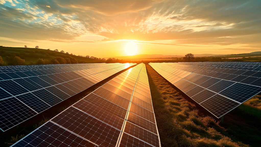 Image of solar farm with sun shining