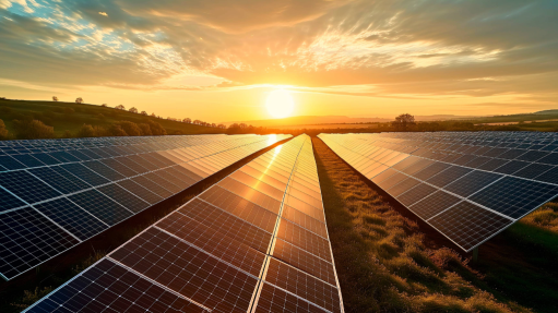 Image of solar farm with sun shining
