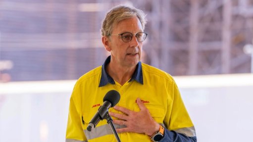 Outgoing CEO Jakob Stausholm speaking at the opening of the new Western Range iron-ore mine in the Pilbara.