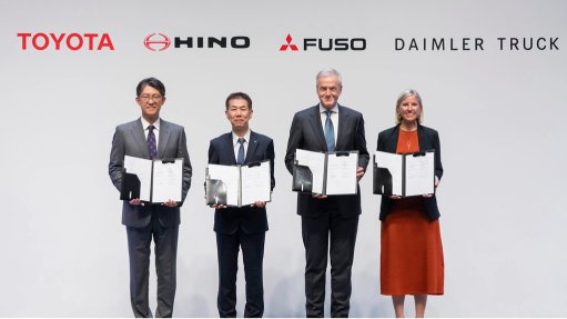 From left to right is Toyota CEO Koji Sato, Hino CEO Satoshi Ogiso, Mitsubishi Fuso CEO Karl Deppen (CEO Designate new company) and Daimler Truck CEO Karen Radstrom