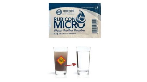 Image of water purification solution from Ezemvelo and a glass of dirty water next to a glass of clean water