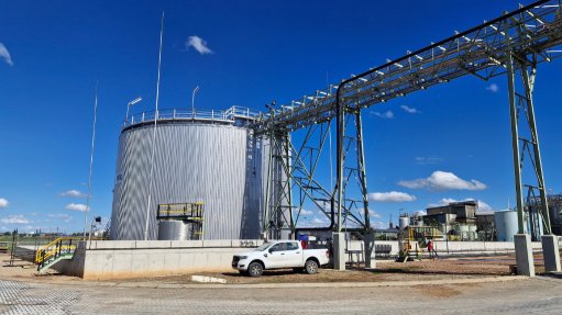 A large silver ammonium nitrate in solution storage tank