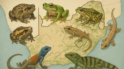   	An image of frogs on a map of South Africa