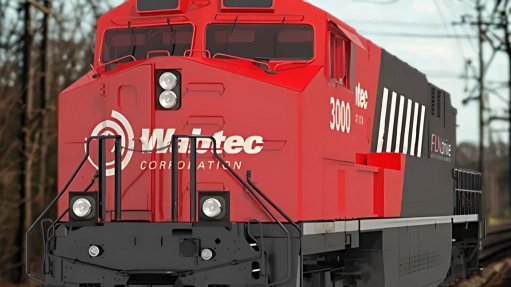 A wabtec train on the tracks. 