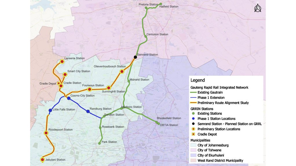 An image showing an extensions map for the Gautrain