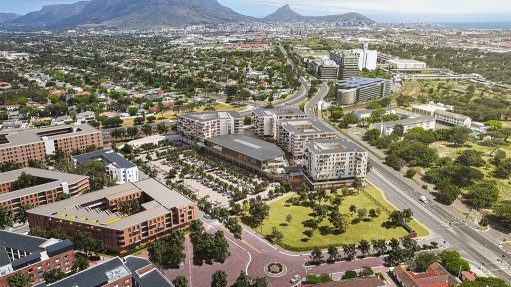 An artist’s impression of The Pines retail centre at Conradie Park, showcasing the integration of retail space at ground level with residential apartments constructed above.