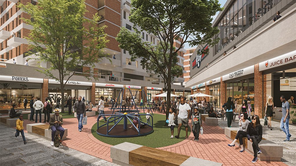 A digital render of the internal courtyard of The Pines retail centre illustrates the envisioned communal spaces that will enhance the resident and shopper experience.