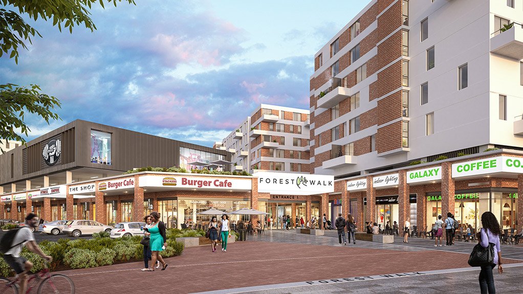 A visual render of The Pines retail centre and the residential apartments above reflects the modern urban design approach adopted at Conradie Park.