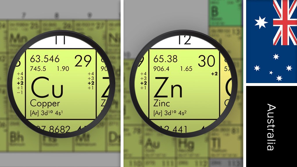 Image of Australia flag and periodic table symbol for copper/zinc