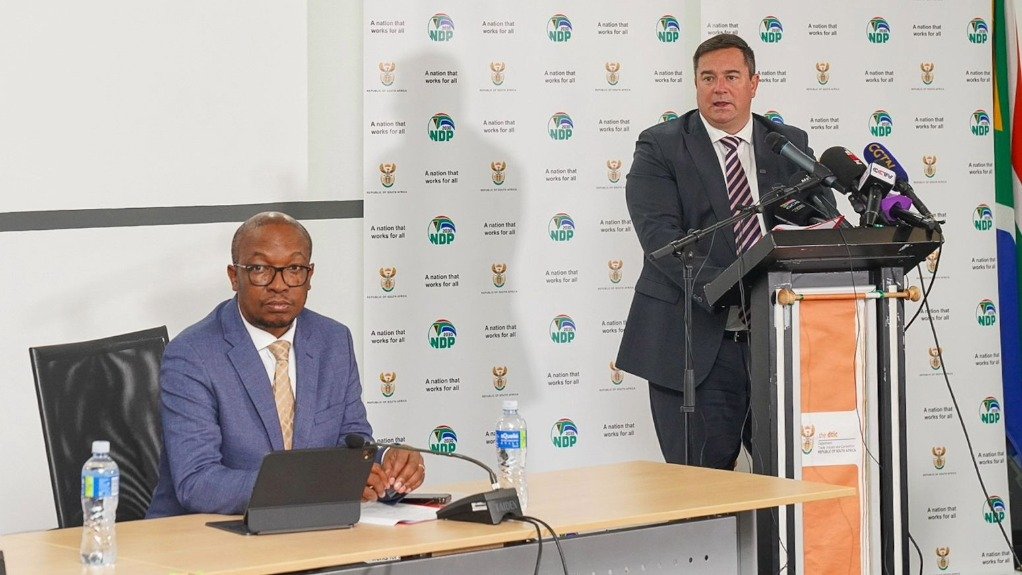 Trade, Industry and Competition Minister Parks Tau seated in the foreground, while Agriculture Minister John Steenhuisen addresses at the joint briefing on South Africa's new trade offer to the US.