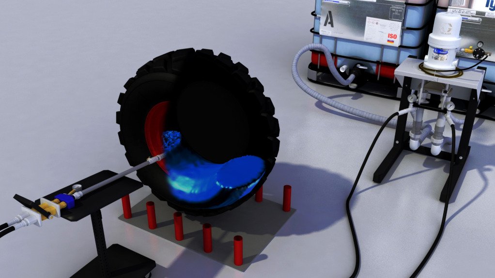 The above image depicts the filling process of a tyre with TyrFil
