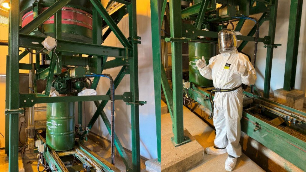 Yellowcake being drummed at the Kayelekera mine.