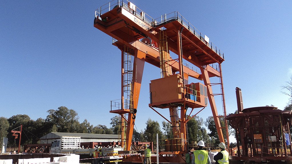 The pre-sink gantry arrangement used for starting shaft sinking is shown at Cementation Africa’s facility in Carletonville