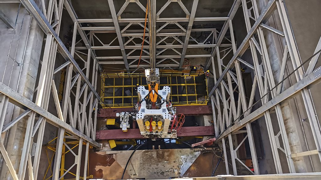 The raise bore machine being installed at Ivanplats 2 Shaft for the raiseboring of the shaft, 24 meters below collar level