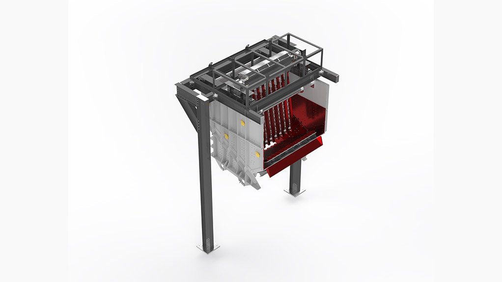 Rendered image of Weba Chute Systems’ custom-engineered jaw crusher feed chute, designed with swing doors to absorb impact and control ore flow, reducing wear from oversized run-of-mine material