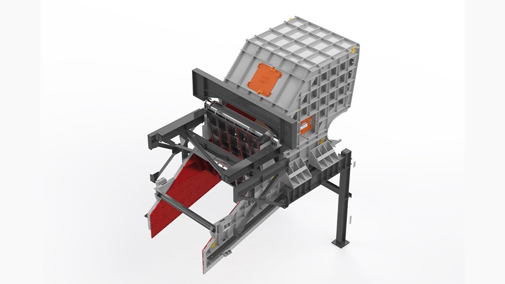 Rendered image of the apron feeder discharge chute, incorporating Weba Chute Systems’ swing door design to manage high velocity flow, extend liner life and enhance reliability