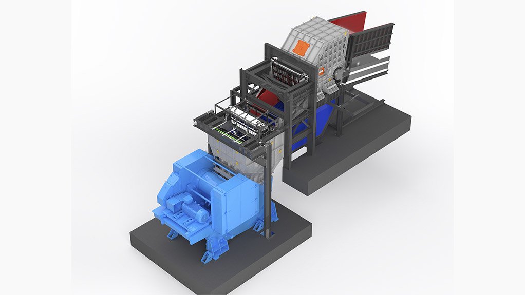Rendered image highlighting the integrated setup of the jaw crusher feed chute and apron feeder discharge chute, engineered to reduce impact, spillage and blockages